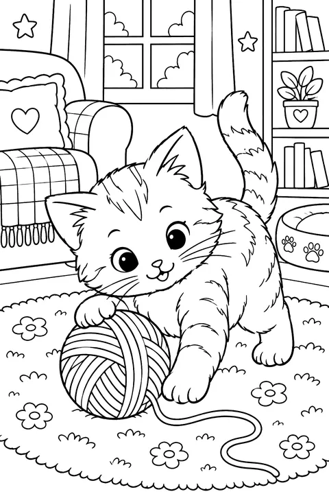 Kitten playing with a ball of yarn on a rug coloring page