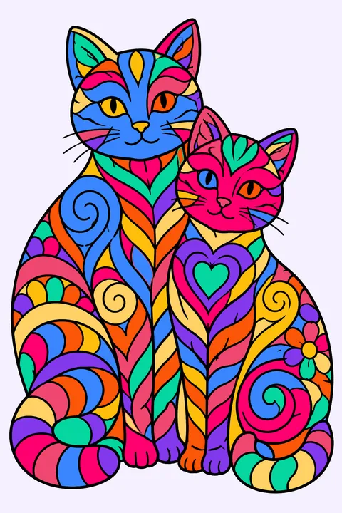 Two cats filled with zentangle patterns coloring page