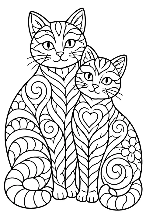 Two cats filled with zentangle patterns coloring page