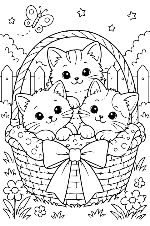 Three kittens in a basket with a bow coloring page