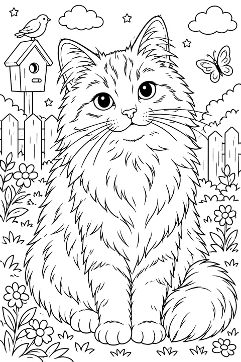 Realistic portrait of a fluffy cat with long whiskers coloring page