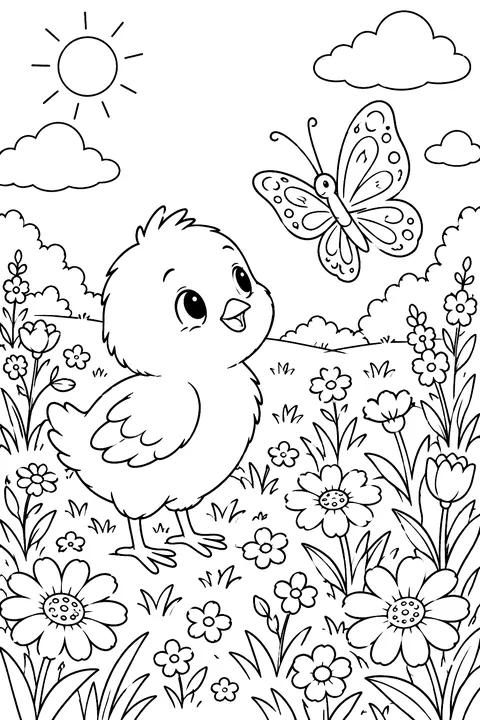 Little chick watching a butterfly in a flower meadow coloring page
