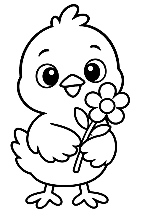 Baby chick holding a flower coloring page