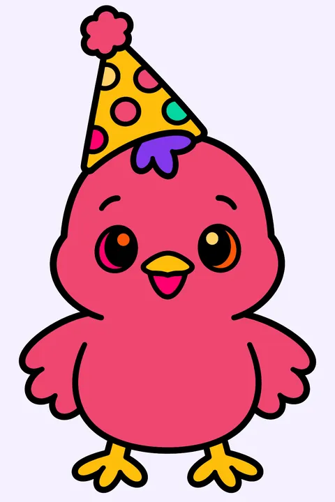 Chick wearing a little party hat coloring page