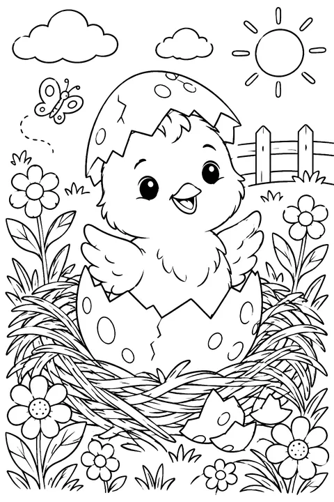 Baby chick breaking out of a cracked egg in a straw nest coloring page
