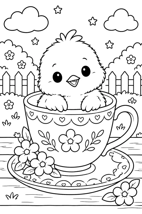 Tiny fluffy chick sitting inside a teacup on a saucer coloring page
