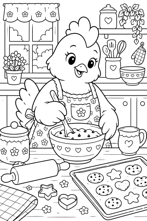 Chicken in an apron baking cookies in a kitchen coloring page