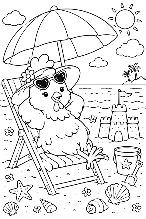 Chicken relaxing on a beach chair with a sandcastle and shells coloring page