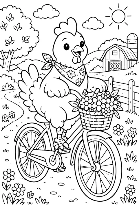 Chicken riding a bicycle with a flower basket on a country road coloring page