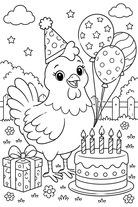 Chicken in a party hat with a birthday cake and balloons coloring page