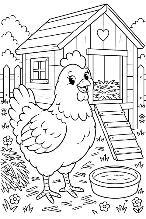 Cheerful hen in front of a wooden coop with a ramp and straw coloring page