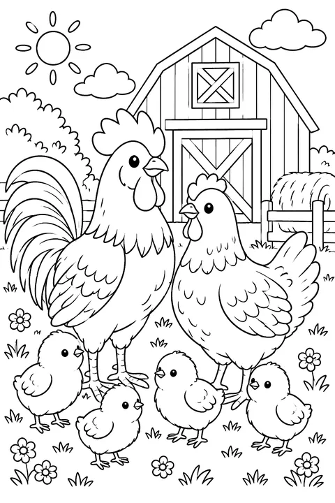 Rooster, hen and four chicks in front of their barn coloring page