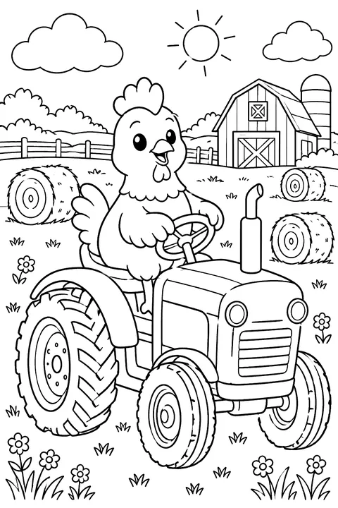 Chicken sitting on a small tractor near hay bales coloring page