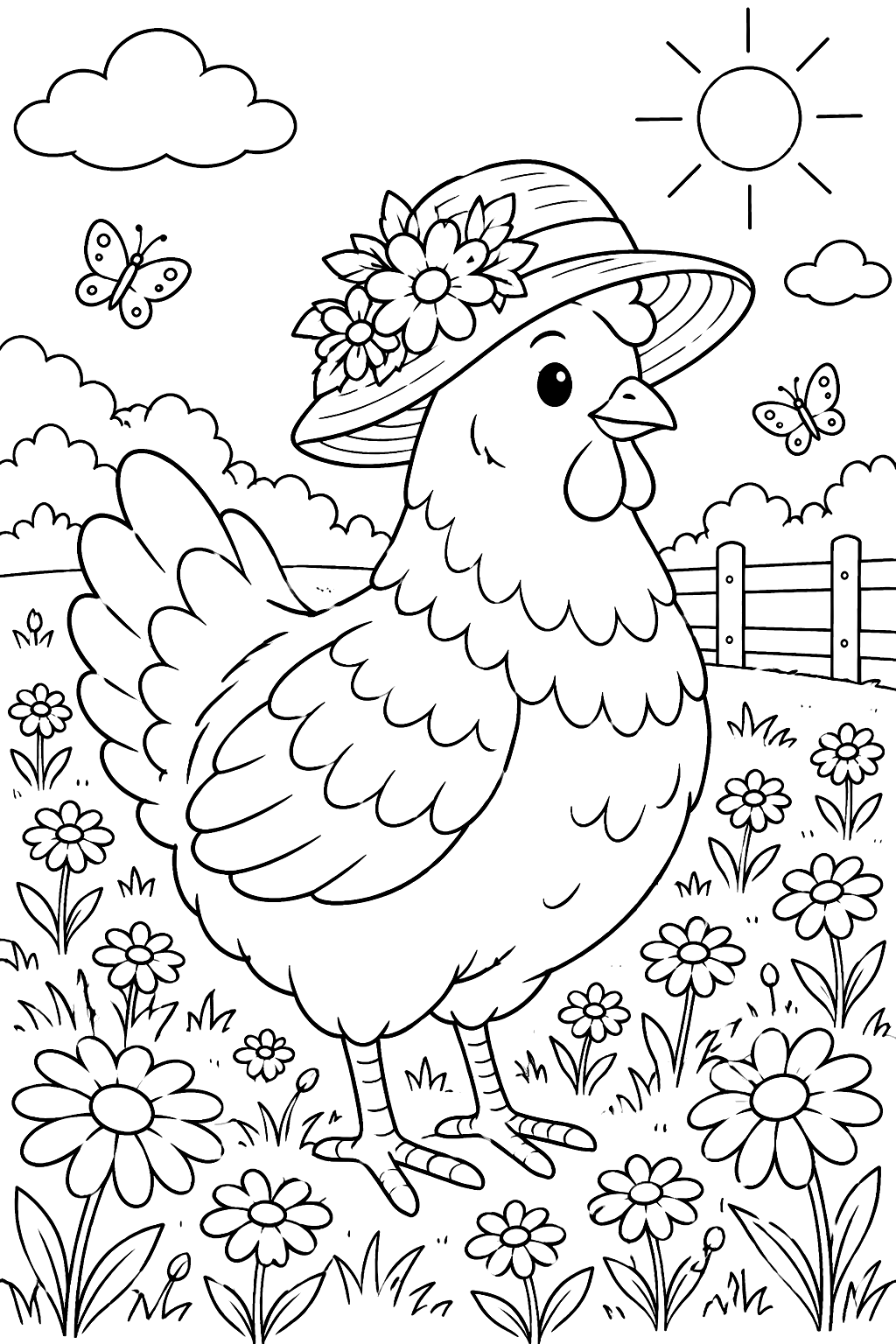 Hen wearing a flowered sun hat in a field of daisies coloring page