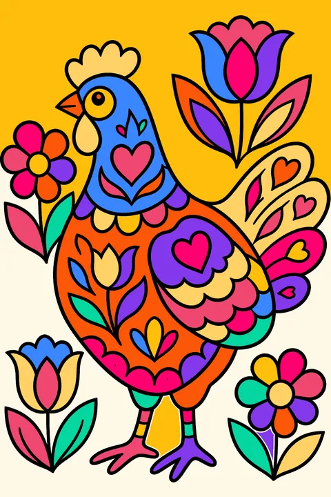 Folk-art hen made of hearts, tulips and scallops coloring page