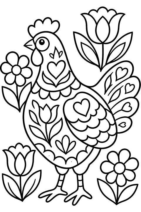 Folk-art hen made of hearts, tulips and scallops coloring page