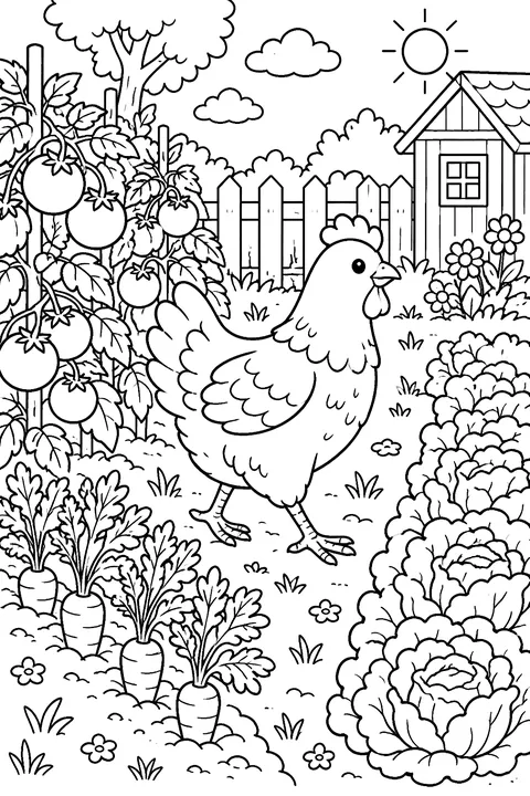 Hen walking between rows of tomatoes, carrots and lettuce coloring page