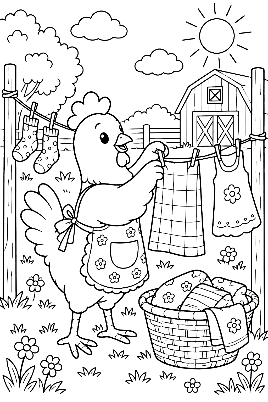 Chicken hanging clothes on a clothesline in a farmyard coloring page