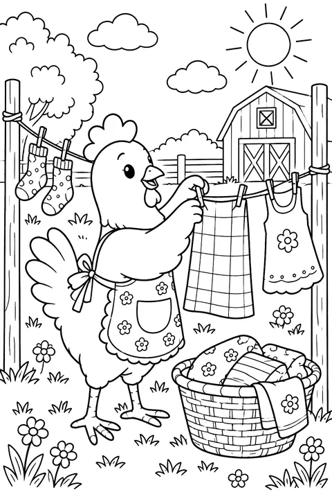 Chicken hanging clothes on a clothesline in a farmyard coloring page