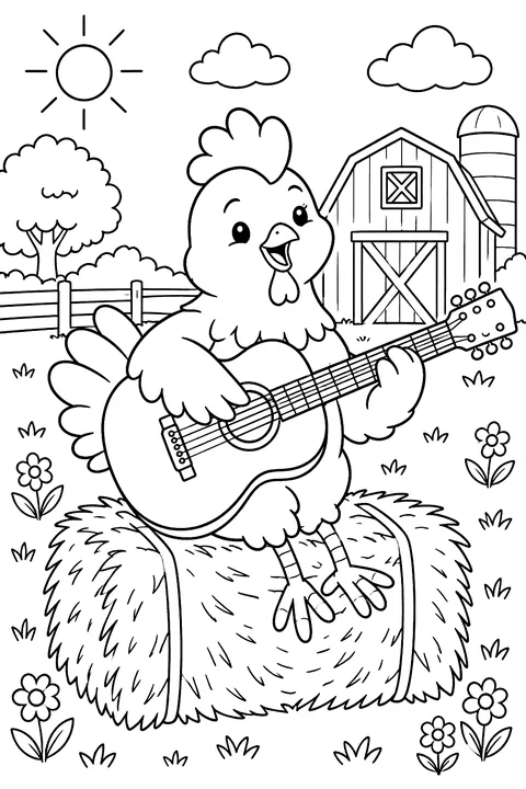 Chicken strumming a guitar on a hay bale coloring page