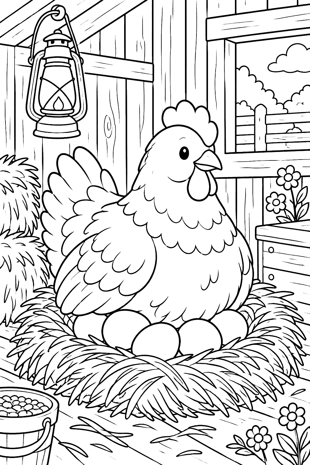 Hen sitting on a nest of eggs inside a henhouse with a lantern coloring page