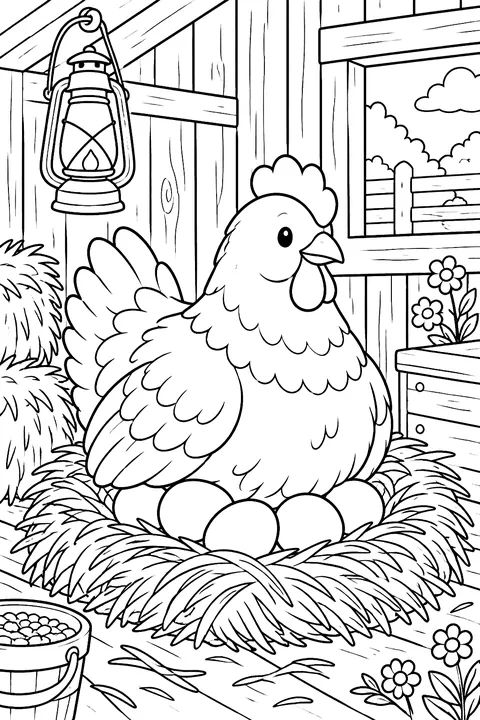 Hen sitting on a nest of eggs inside a henhouse with a lantern coloring page