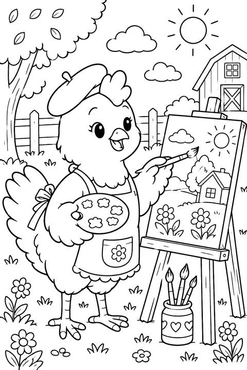 Chicken painting a picture with a palette and brushes coloring page