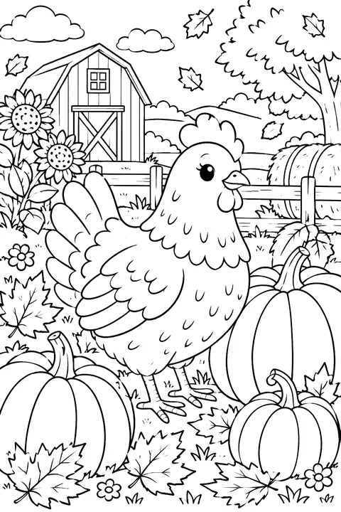 Hen among pumpkins and autumn leaves coloring page