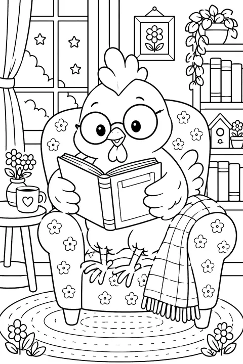 Chicken with round glasses reading a book in an armchair coloring page