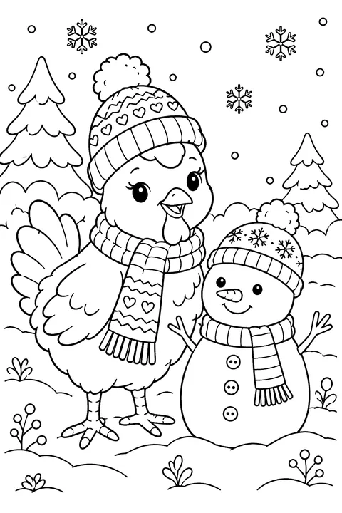 Chicken in a knitted scarf and hat beside a small snowman coloring page