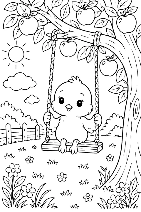 Chick sitting on a swing in an apple tree coloring page