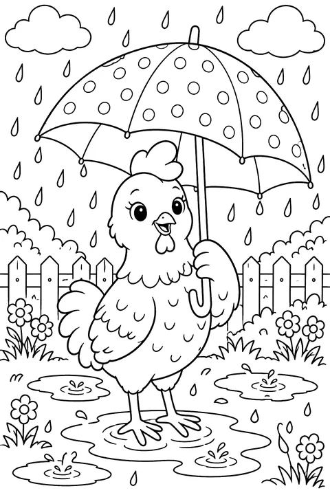 Chicken holding an umbrella among puddles and raindrops coloring page