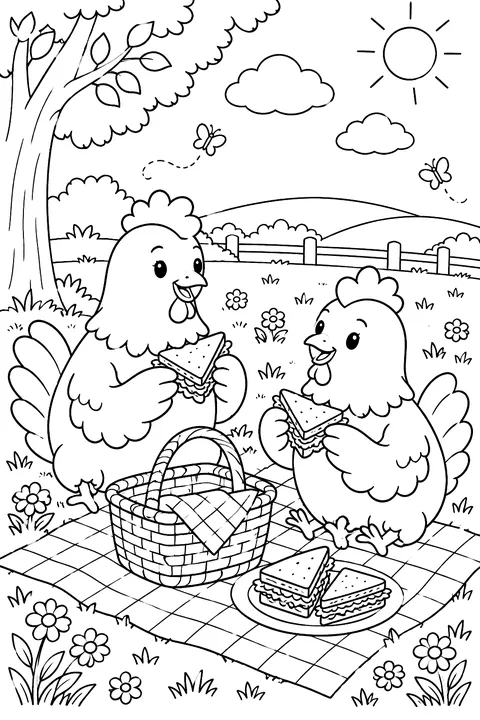 Two chickens with a basket and sandwiches on a checkered blanket coloring page