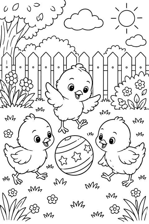 Three chicks playing with a ball by a garden fence coloring page
