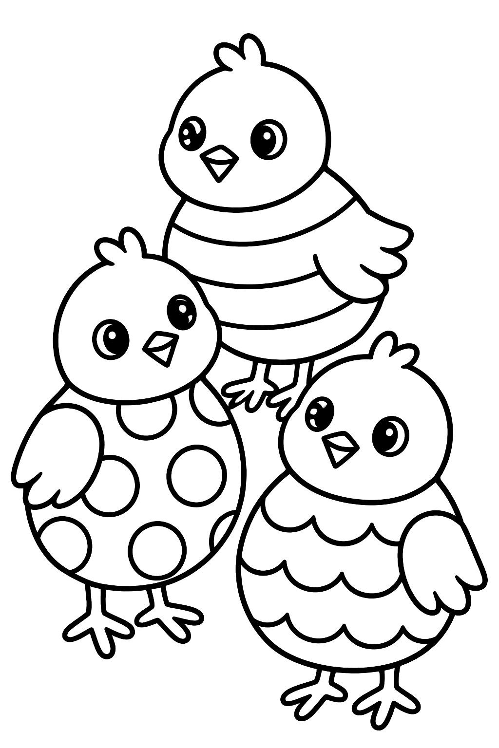 Three chicks filled with stripes, dots and scallops coloring page