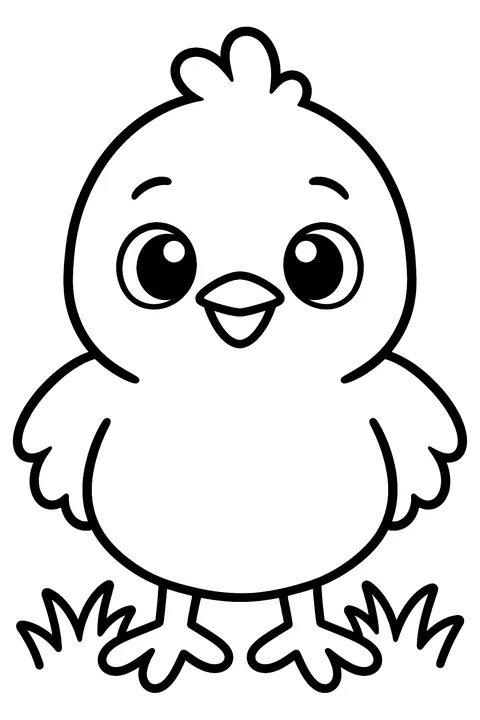 Round cute baby chick standing on grass coloring page