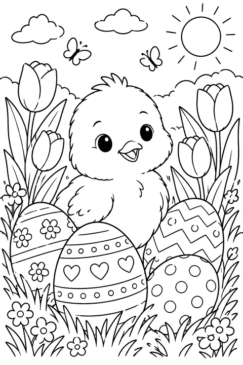Chick among patterned Easter eggs, grass and tulips coloring page
