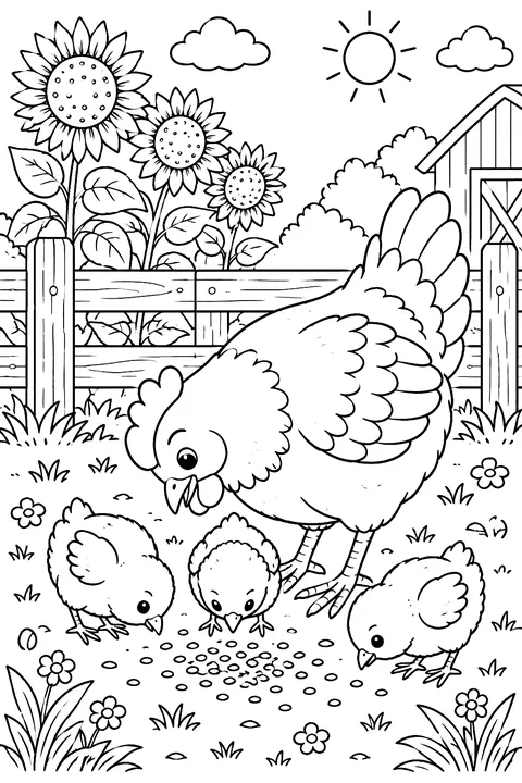 Mother hen and three fluffy chicks pecking grain by a fence coloring page
