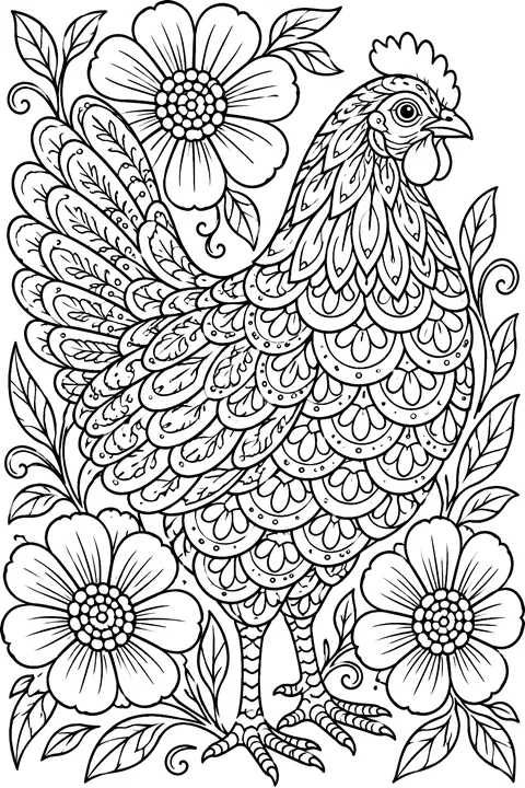 Hen with scalloped feather patterns among three flowers coloring page