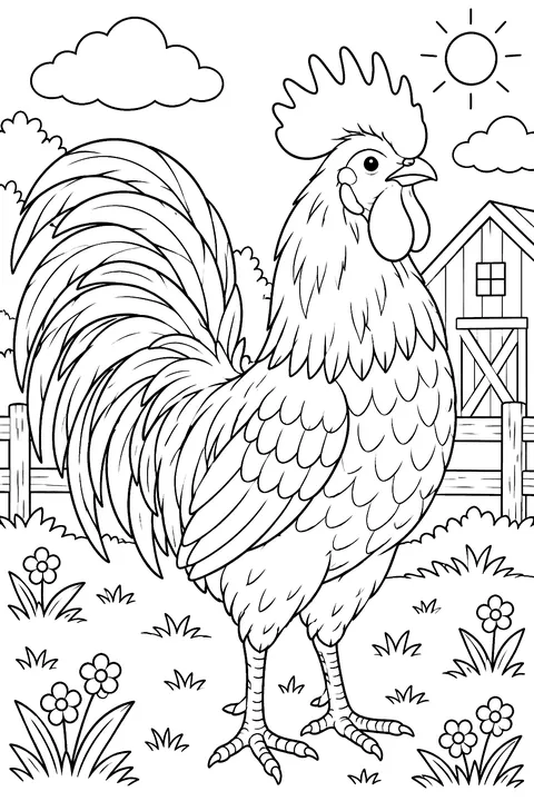 Realistic rooster with a big comb and long tail feathers coloring page
