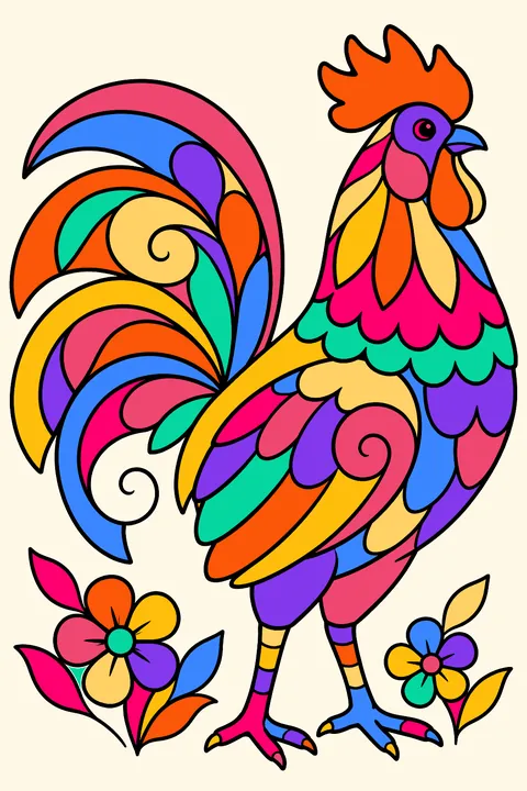 Rooster filled with large decorative petals, scallops and swirls coloring page
