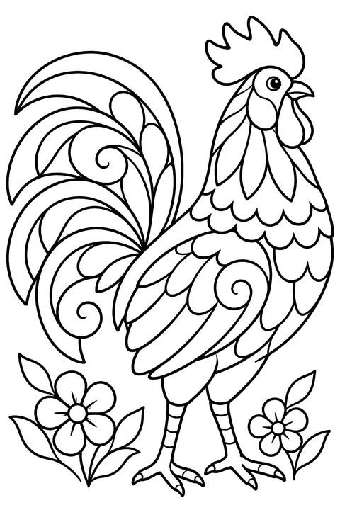 Rooster filled with large decorative petals, scallops and swirls coloring page