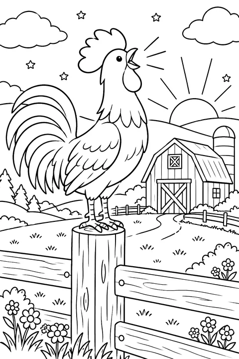 Rooster crowing on a fence post with a barn and hills coloring page