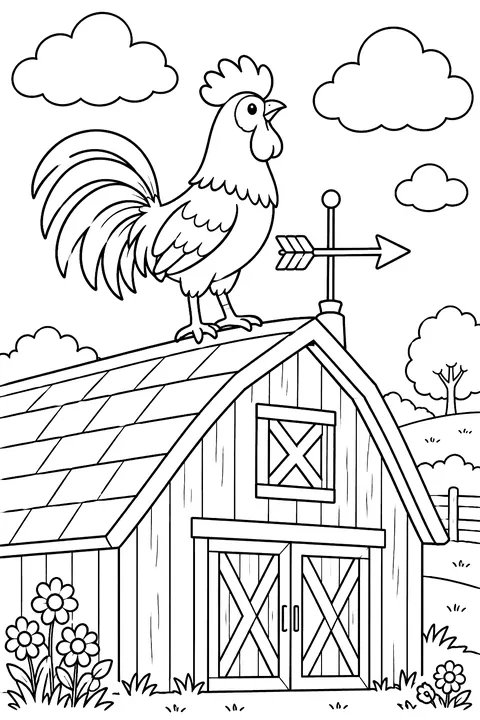 Rooster on a barn roof beside an arrow weathervane coloring page