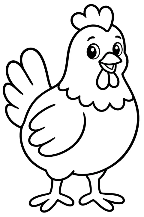 Simple friendly hen standing coloring page