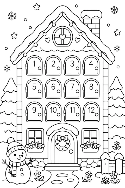 a little house-shaped calendar with numbered doors coloring page