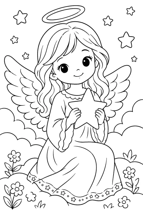 a cute angel with wings holding a star coloring page