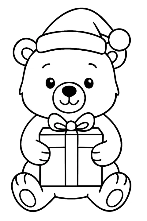 Cute bear in a Santa hat holding a wrapped present coloring page
