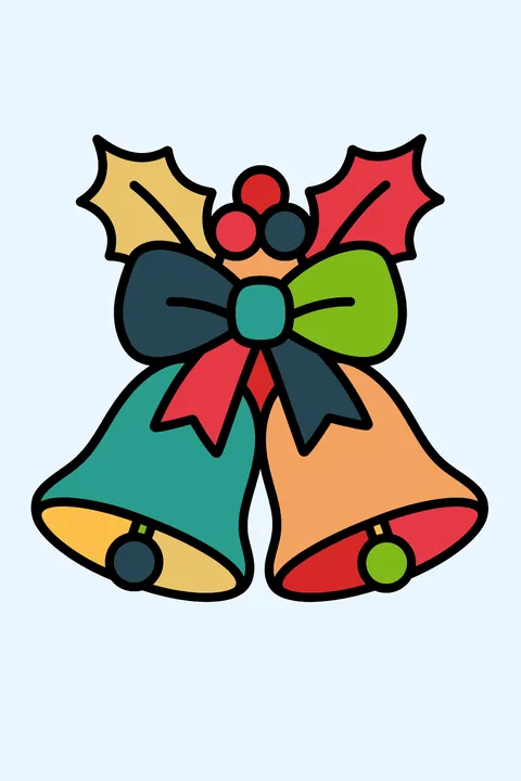 two bells with a bow and holly leaves coloring page