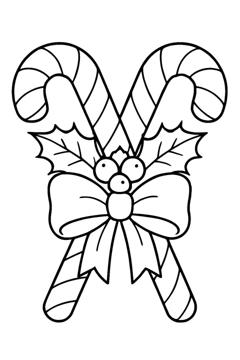 Two crossed candy canes tied with a ribbon bow and holly leaves coloring page